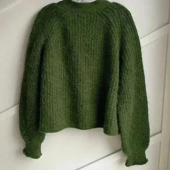 Zara Purl Knit Button Front Alpaca Wool Dark Green Oversized Cardigan size S - Picture 7 of 10